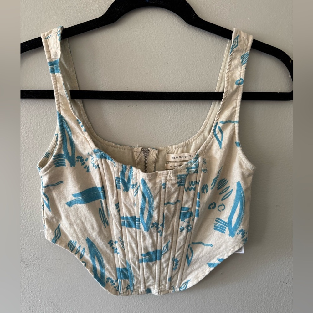 Urban Outfitters Small Corset Off White Blue Abstract Print Boned - Picture 1 of 5